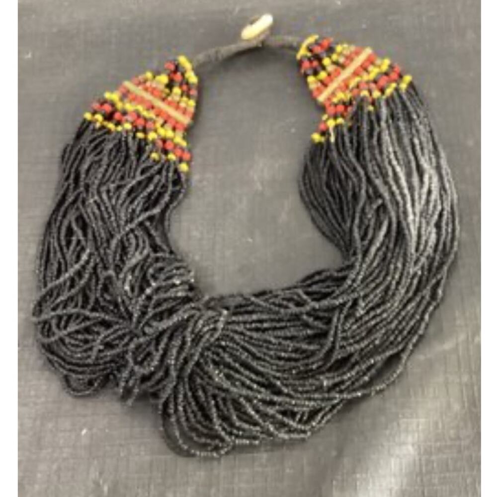 Vintage Naga Black Beaded Multi Strand Choker Necklace